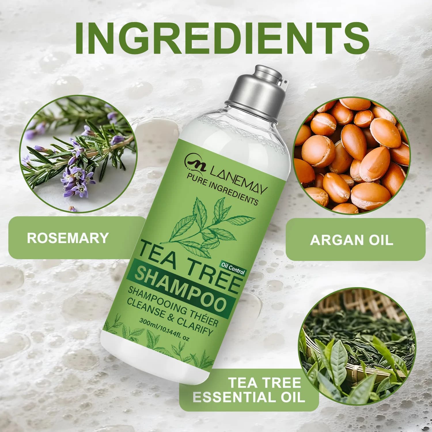 Shampoo à l'arbre à thé – 300 ml. Formulé avec de l'huile essentielle d'arbre à thé, du romarin et de l'huile d'argan pour nettoyer et clarifier les cheveux et le cuir chevelu.