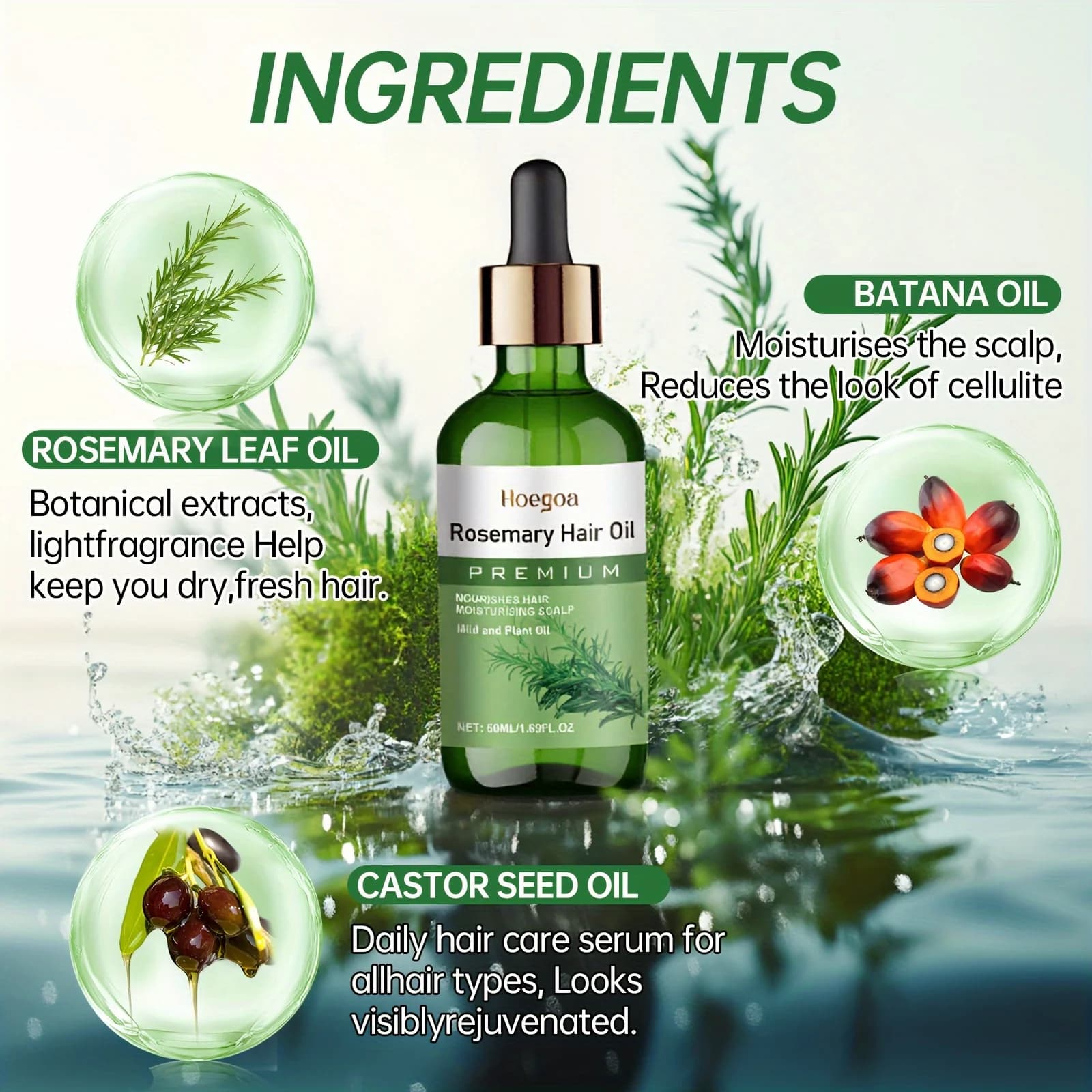 Huile capillaire à la rosemaine 50 ml, contient de la graisse de batana et de la graisse de ricin, nourrissante, hydratante, lissante, anti-chute de cheveux, repousse rapide, cheveux épais