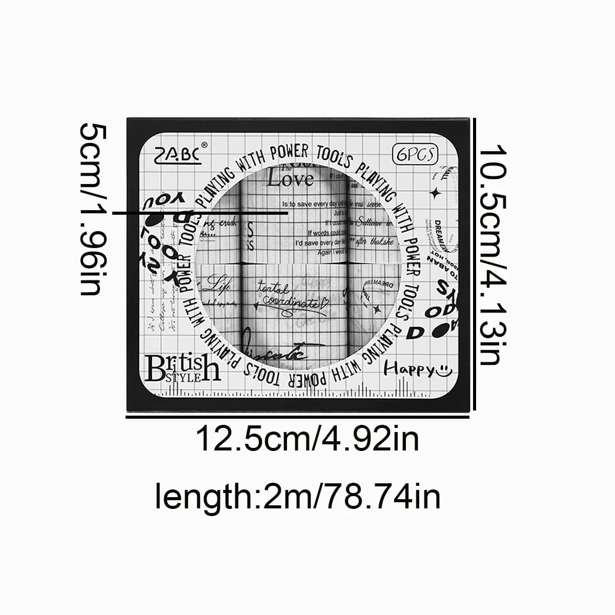 6 rouleaux/boîte de ruban washi vintage anglais, ruban décoratif simple noir et blanc, facile à déchirer pour la décoration de fond de scrapbooking