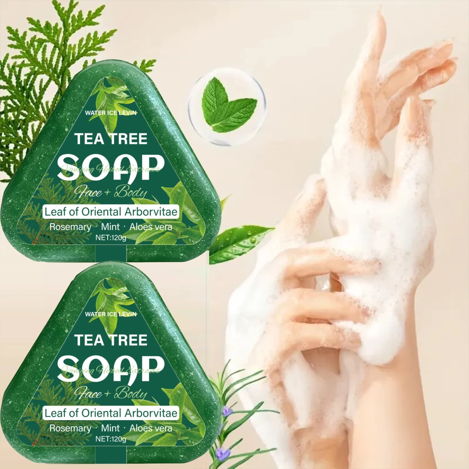 Savon à l'arbre à thé (visage + corps) : feuille d'arborvitae orientale, romarin/menthe/aloéle, hydrate en douceur tous les types de cheveux