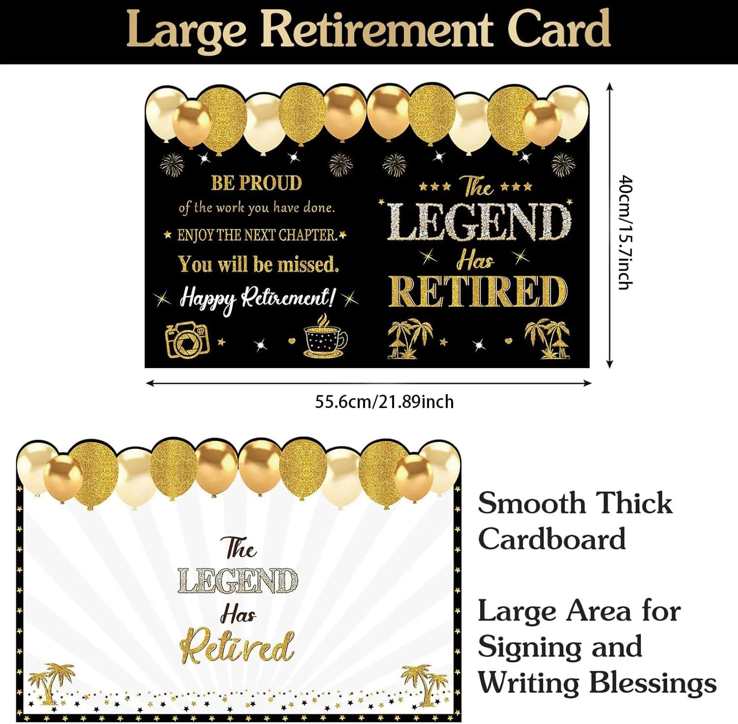 Carte de retraite pour homme et femme, grande carte de retraite en or noir pour signature Jumbo, la légende a une voiture de vœux pour livre d'or à la retraite