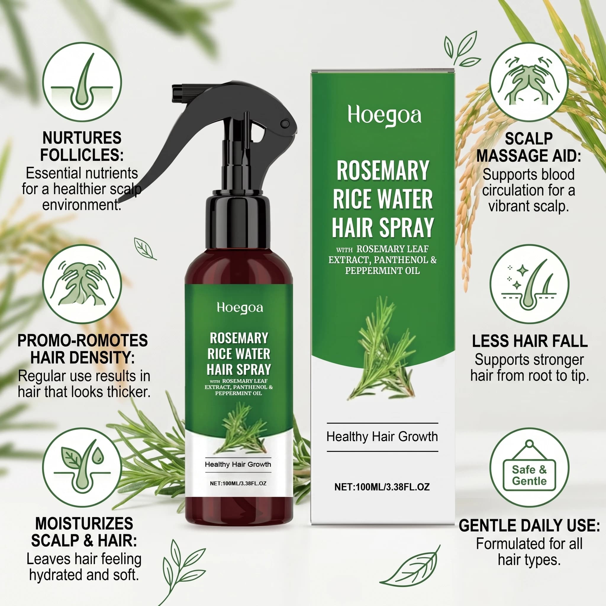 Spray capillaire à l'eau de riz et au romarin pour cheveux secs et crépus