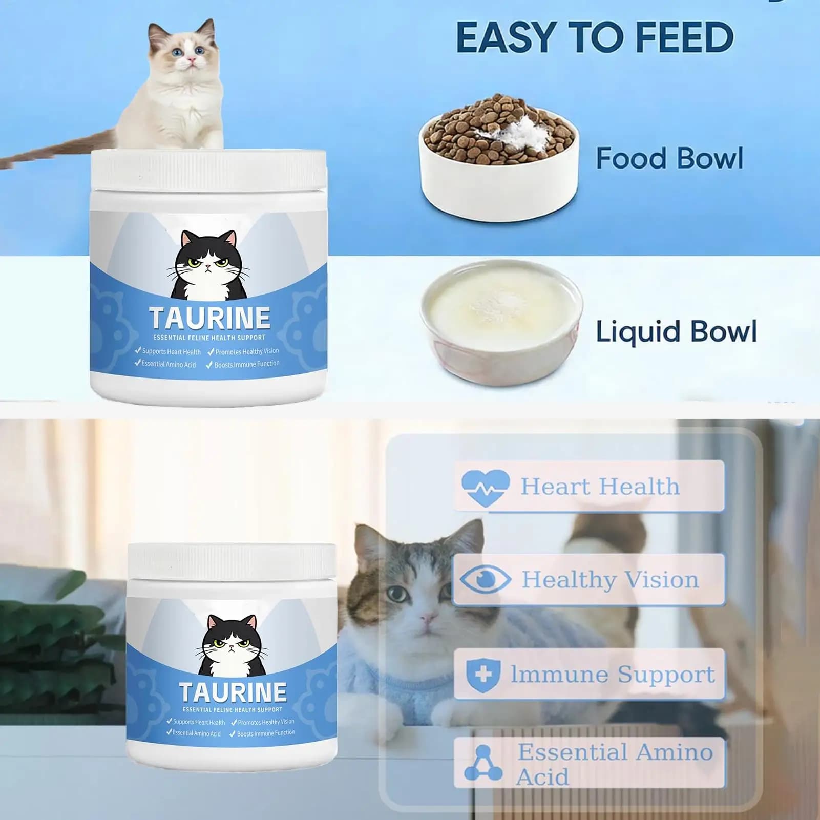 Compléments pour chats : Poudre hydrosoluble pour la santé oculaire et compléments cardiaques à mélanger dans la nourriture, pour l'entretien quotidien des chatons et des chats seniors, à la maison et