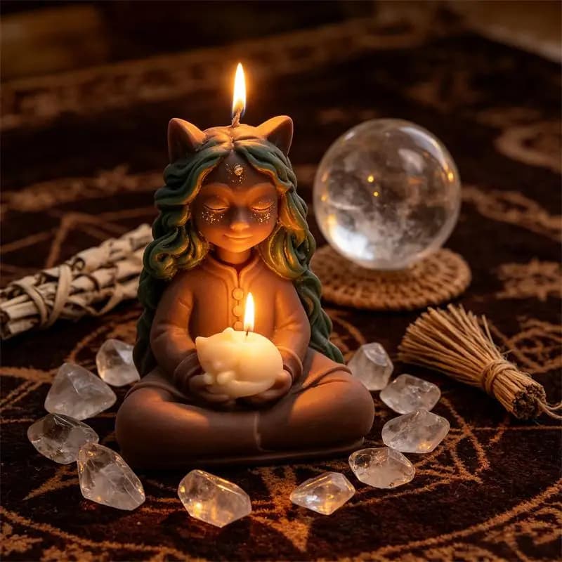 Moule en silicone 3D pour bougies et résine, motif Sorcière méditative avec chat, sculpture spirituelle de déesse sorcière féline, pour bougies de relaxation