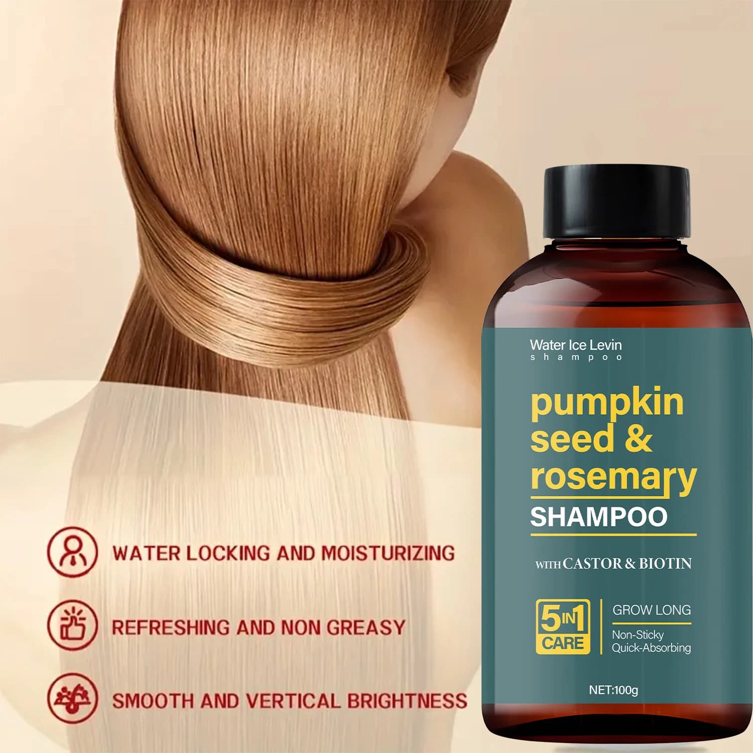 Shampoing à l‘Huile de Graines de Citrouille et Romarin 100g, Enrichi en Huile de Ricin et Biotine, Soin 5 en 1, Absorption Rapide, Prêt à Expédier