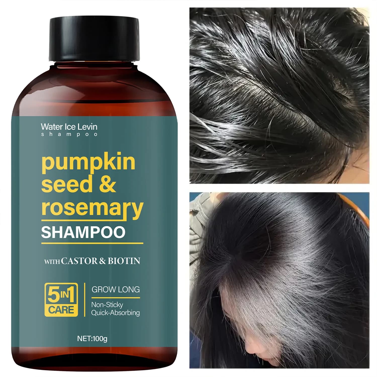 Shampoing à l‘Huile de Graines de Citrouille et Romarin 100g, Enrichi en Huile de Ricin et Biotine, Soin 5 en 1, Absorption Rapide, Prêt à Expédier