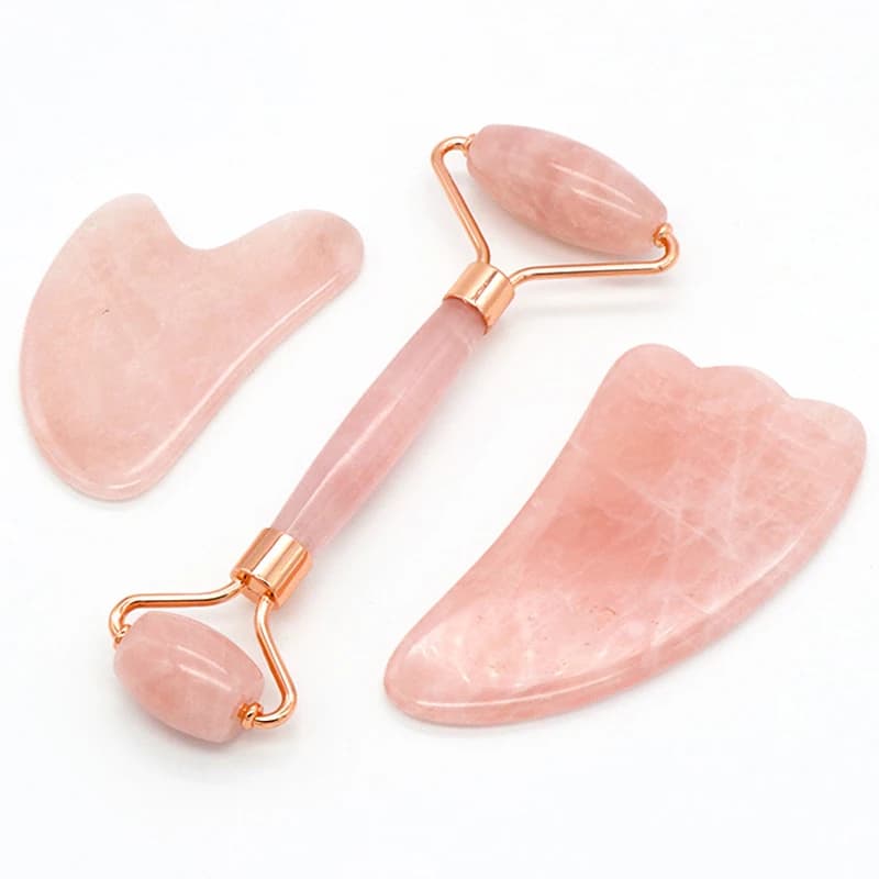 Rouleau de massage en quartz rose et jade + grattoir Gua Sha en pierre naturelle, masseur de cou, dos et visage, outils amincissants et anti-rides 3 en 1