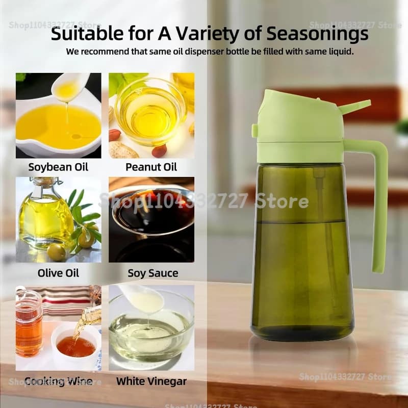 Distributeur d'huile d'olive 2-en-1 pour la cuisine - Vaporisateur et verseur d'huile vert foncé 500 ml - Support à épices