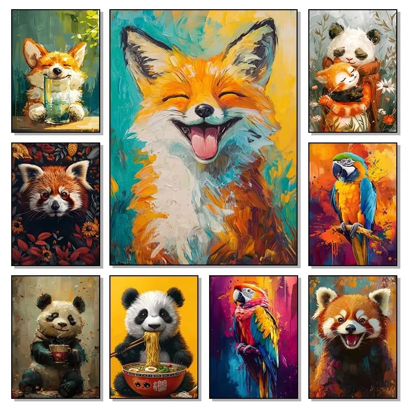 Poster Peinture Diamant Panda, Cheval, Raton Laveur, Loup, Renard, Animal, Perroquet, Thème Manger du Ramen, Décoration Murale pour Salon, Chambre, Cuisine, Décoration Intérieure