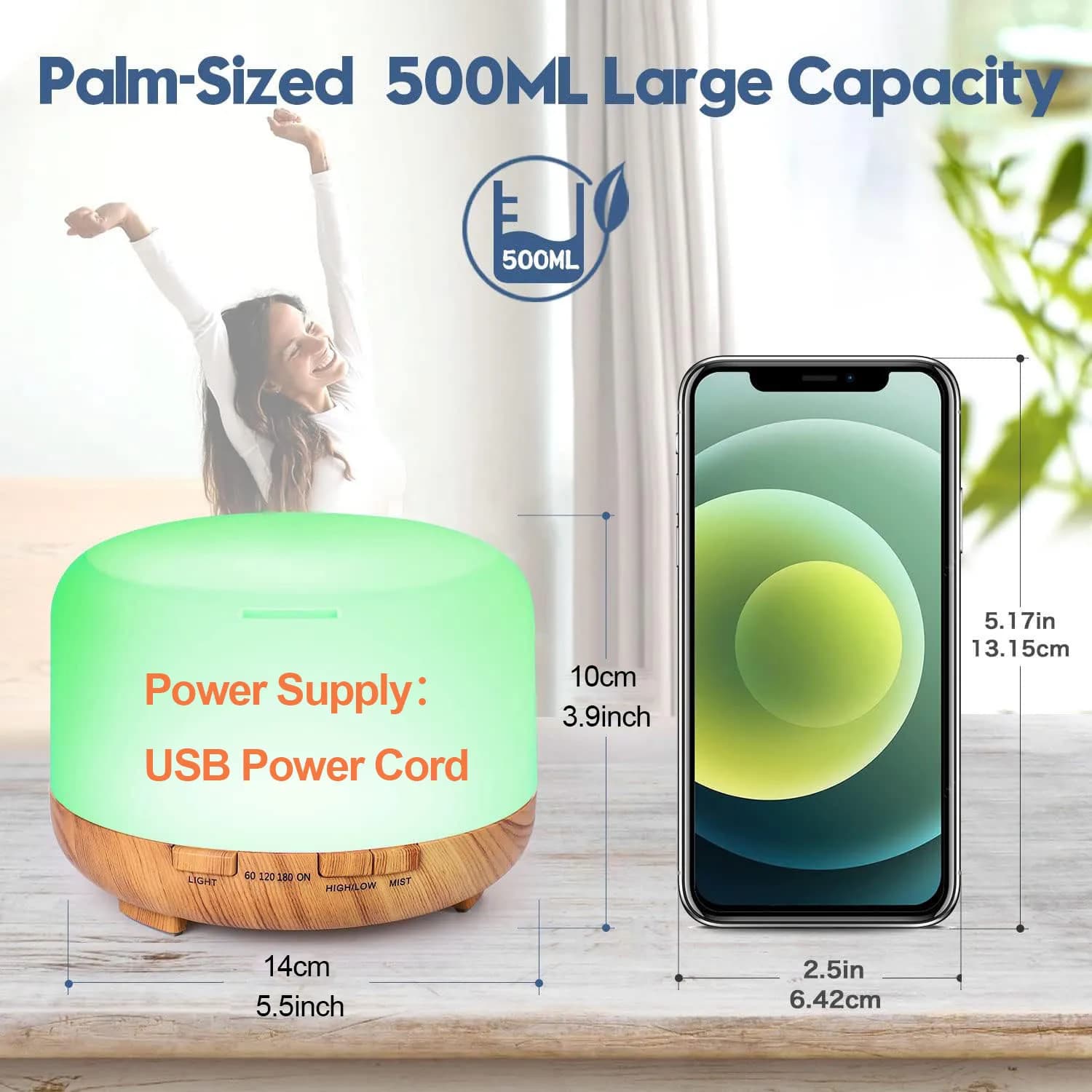 Diffuseur d'arôme 500ML (6 huiles en option), humidificateur diffuseur d'aromathérapie d'huile essentielle 5V 2A avec télécommande