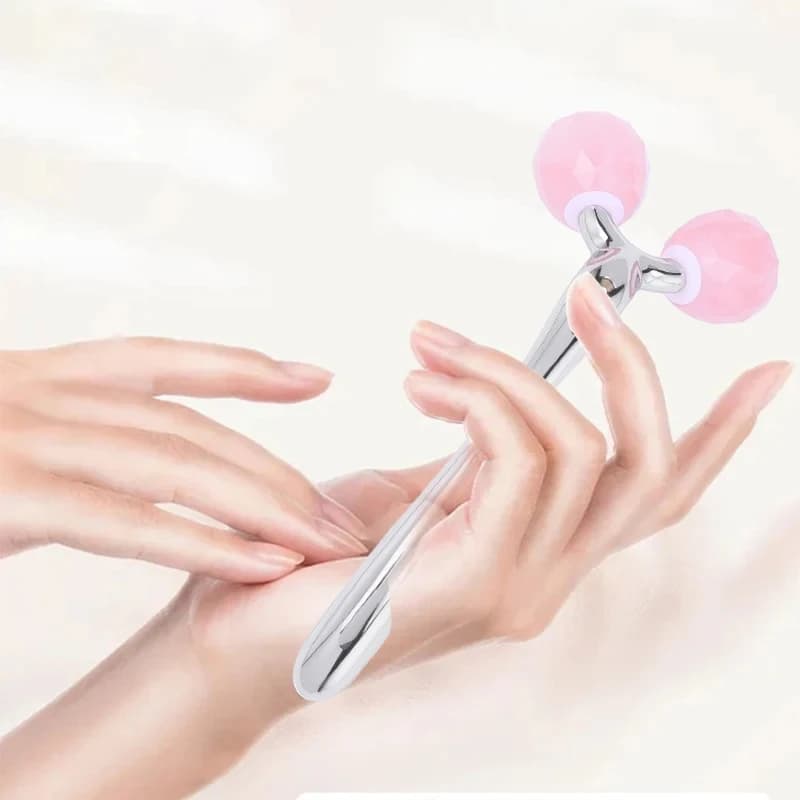 Rouleau de Massage 3D en Quartz Rose pour le visage, outil de soin de la peau, enlève les rides fines du cou et du menton