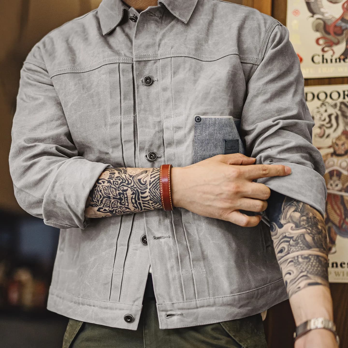 Maden – veste cirée à l'huile Vintage pour hommes, manteau de chasse imperméable en V, Double plis, vêtements d'extérieur en toile grise avec poches plaquées pour l'automne