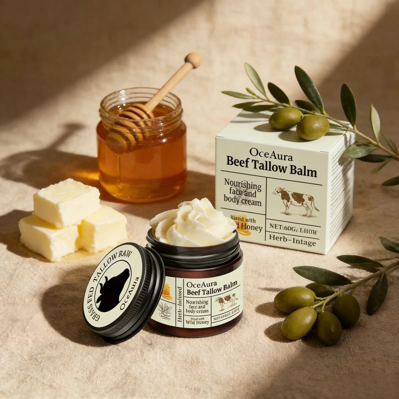 Baume au suif de bœuf et au miel OceAura – Soin réparateur de la barrière cutanée, hydratant corporel anti-gerçures, crème nourrissante pour le visage à l'huile d'olive