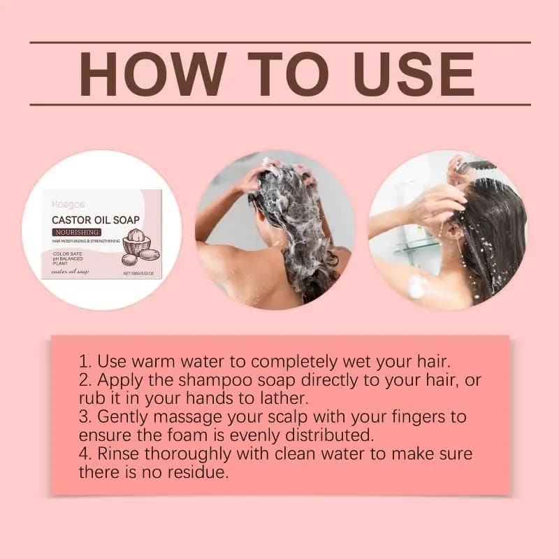 Shampooing solide à l'huile de ricin Hoegoa : Nettoie en douceur le cuir chevelu, laissant les cheveux naturellement volumineux, doux et brillants.