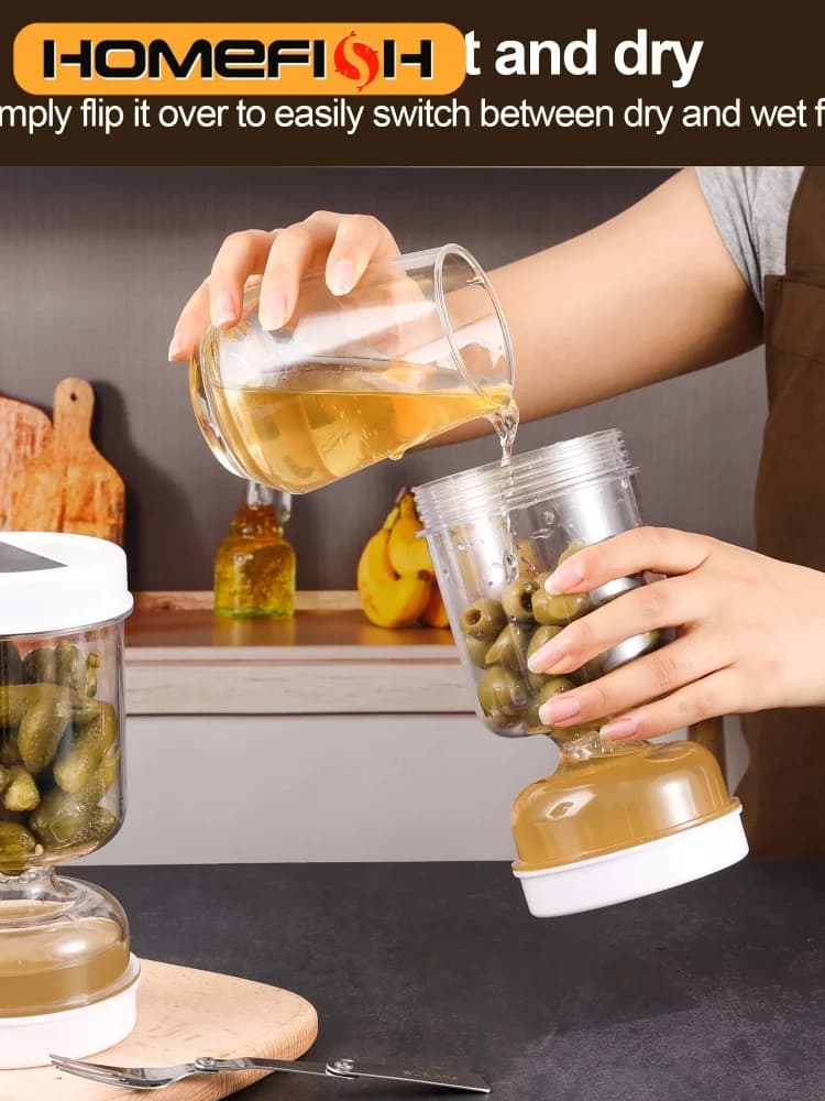 Nouveau pot à olives et cornichons avec passoire, pot sablier avec passoire, récipient à cornichons à couvercle rabattable pour un stockage hermétique des aliments