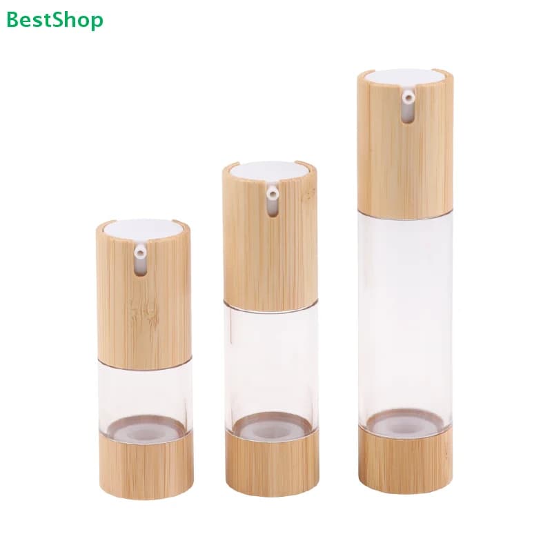 Bouteilles à pompe sans air en bambou et verre - Contenants de voyage rechargeables pour les soins de la peau et les cosmétiques