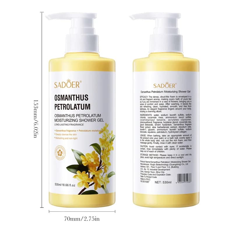 Gel douche hydratant à l'osmanthus 530 ml, gel douche hydratant et rafraîchissant à l'aloe vera avec un parfum longue durée