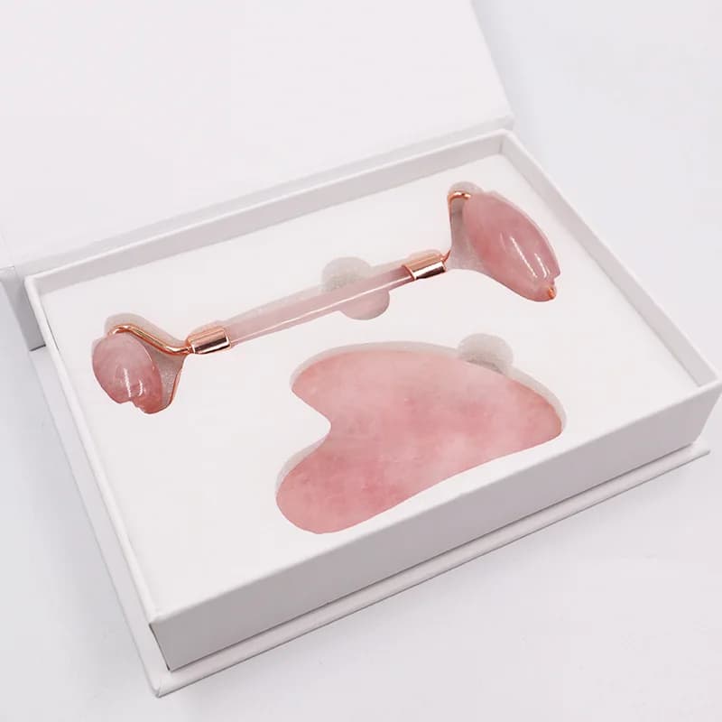 Rouleau de Jade en Quartz Rose naturel + planche à gratter, masseur Facial, rouleau en pierre de Jade Gua Sha, outil de Massage de Lifting du visage, soins de la peau
