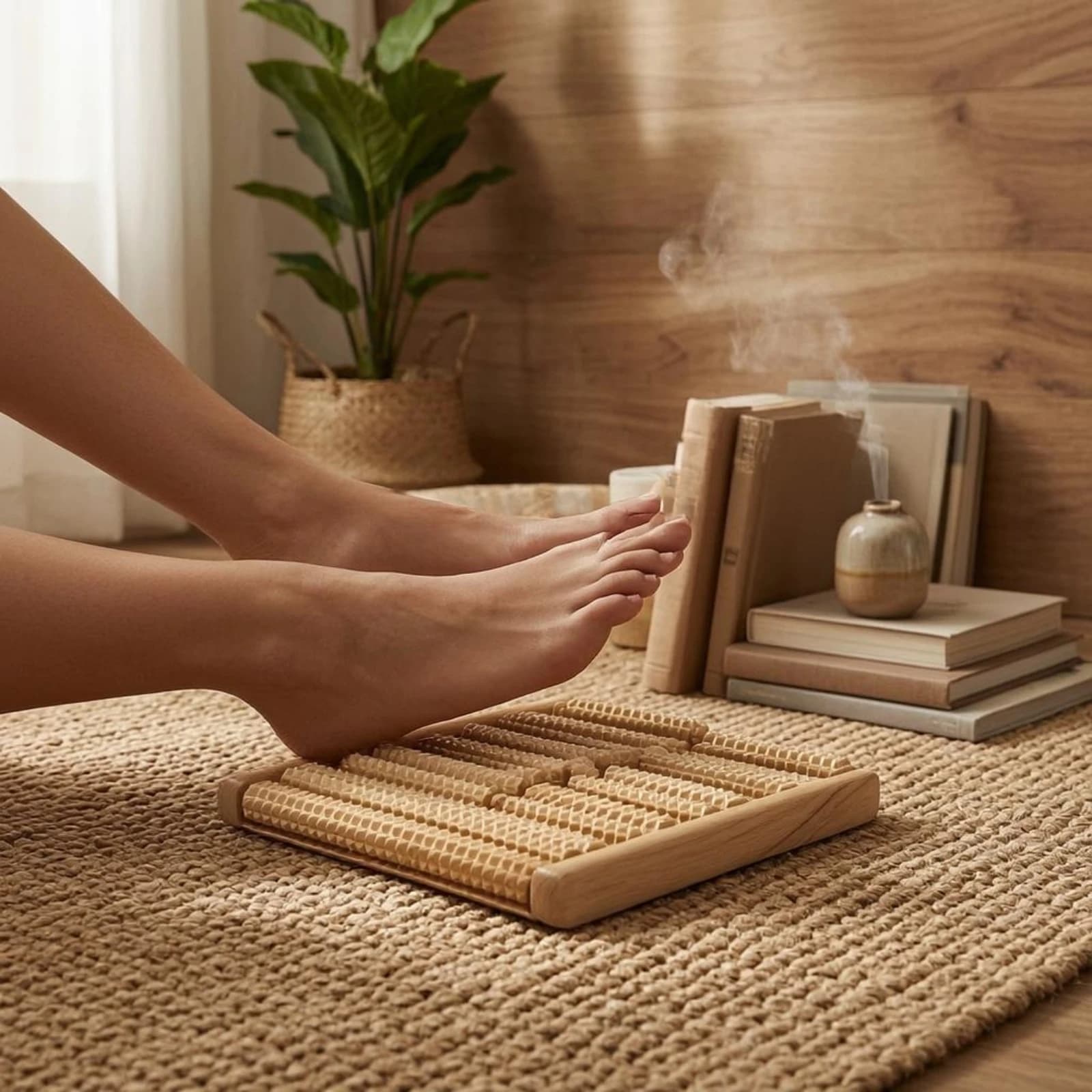 Planche de massage des pieds en bois texturé – Rouleaux