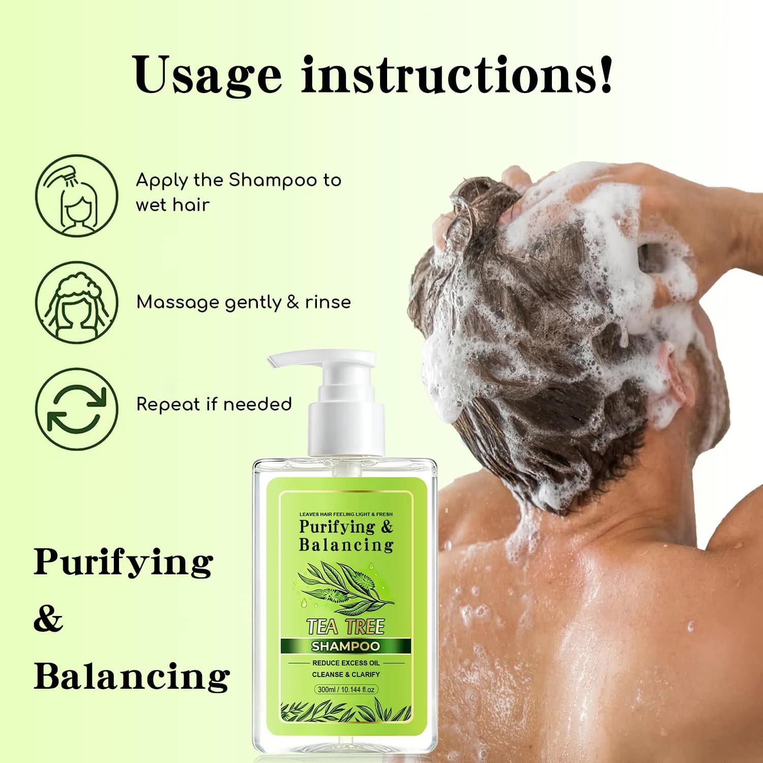 Shampoo à l'arbre à thé – 300 ml. Formule purifiante et équilibrante qui réduit l'excès de sébum et nettoie en profondeur le cuir chevelu. Enrichi en huile d'arbre à thé