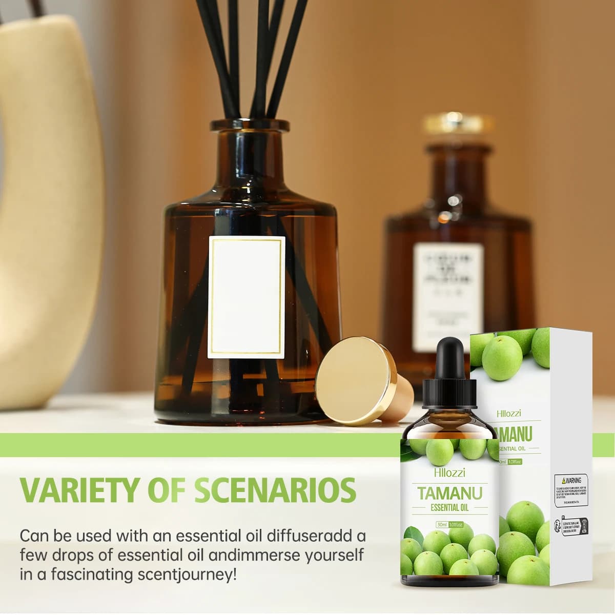 L'huile essentielle de Tamanu, l'arôme fruité, convient à l'utilisation dans les diffuseurs et les humidificateurs et peut également être utilisée dans le massage corporel.