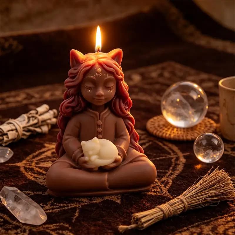 Moule en silicone 3D pour bougies et résine, motif Sorcière méditative avec chat, sculpture spirituelle de déesse sorcière féline, pour bougies de relaxation