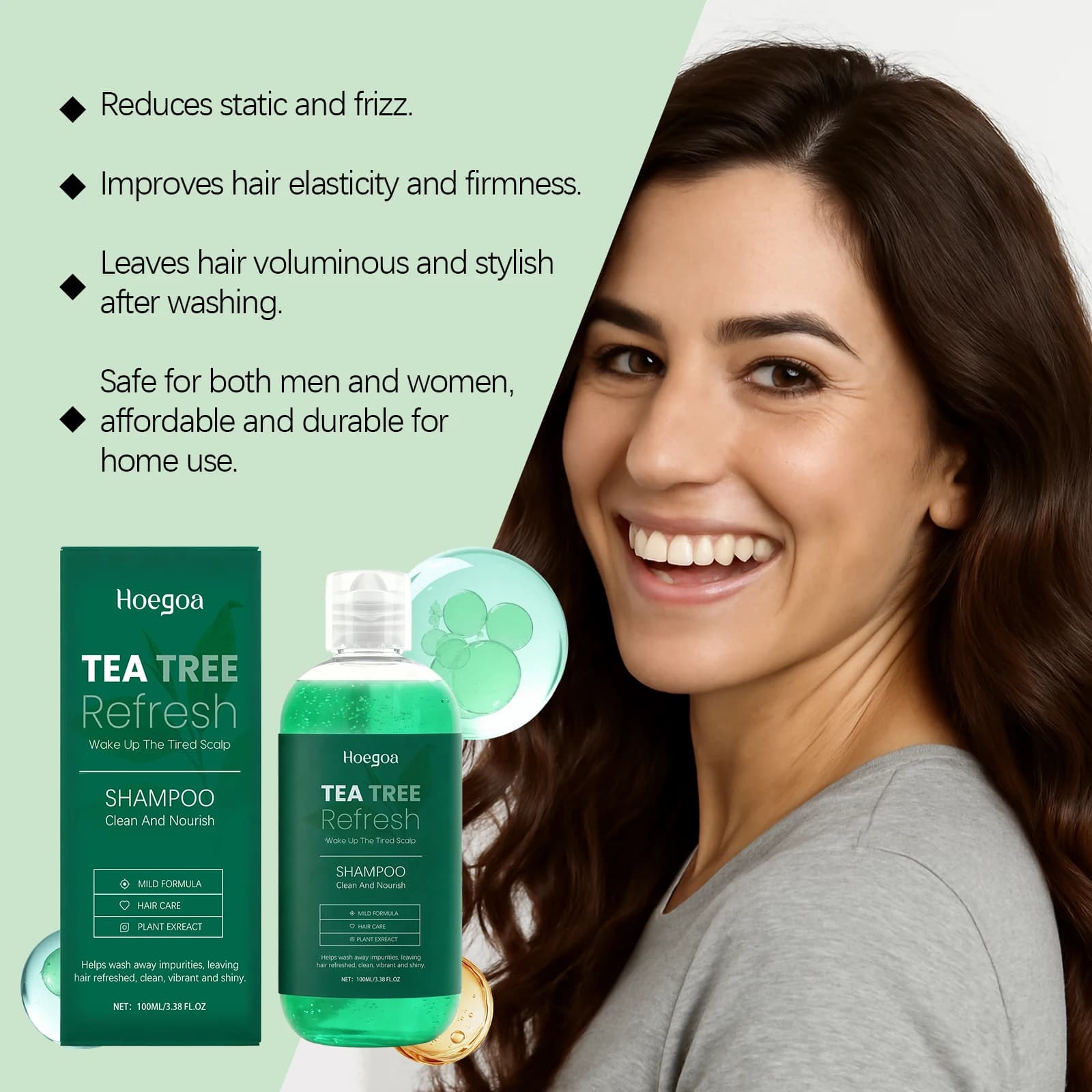 Shampooing rafraîchissant à l'huile d'arbre à thé, nettoyage en profondeur, nourrit le cuir chevelu, élimine les pellicules, réduit la casse et les frisottis, soin capillaire lissant