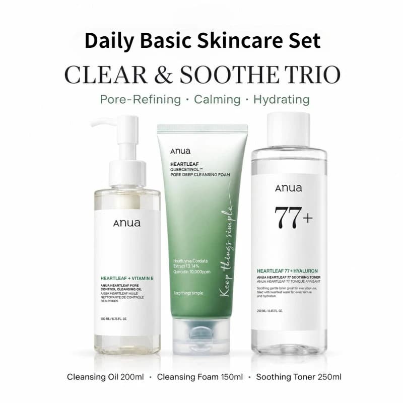 Ensemble de produits coréens : Mousse nettoyante en profondeur Heartleaf, Tonique apaisant anti-acné 77 et Huile démaquillante hydratante et régulatrice de sébum pour le visage