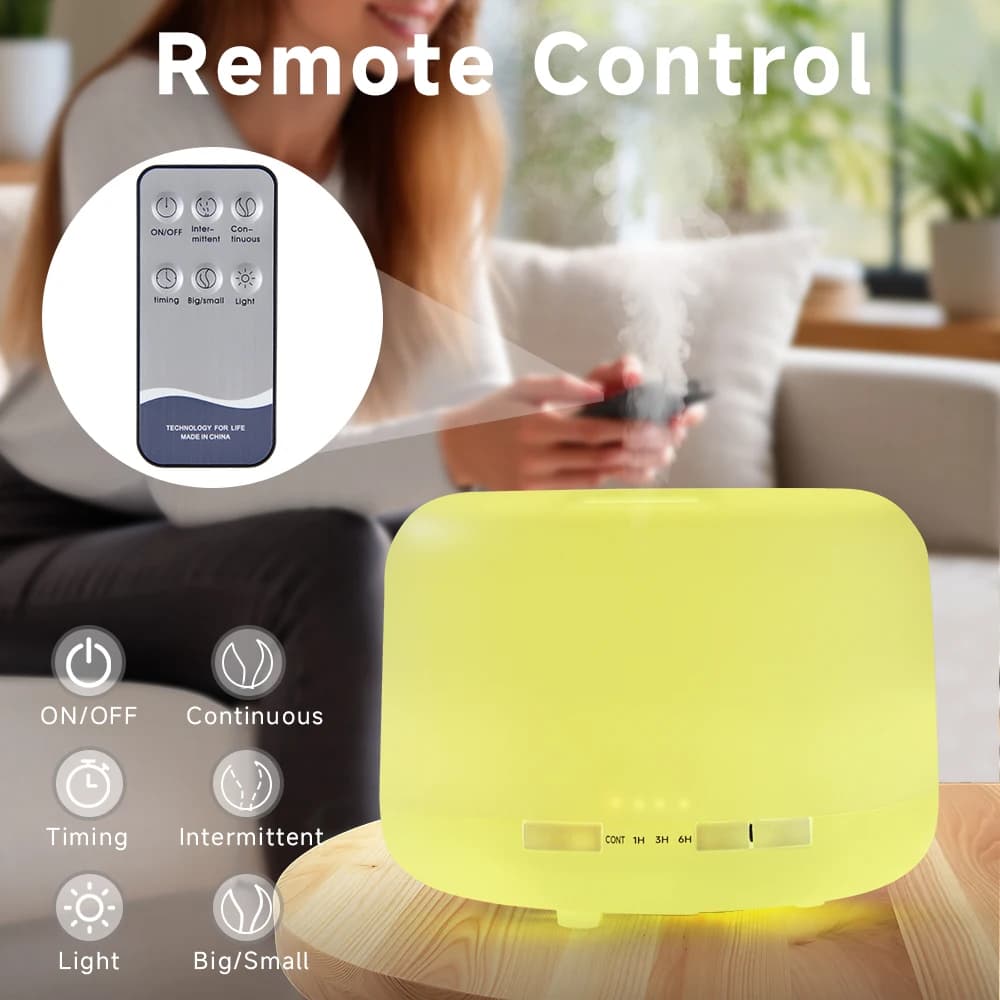 Diffuseur d'huiles essentielles de 500ml, diffuseur silencieux de brume d'aromathérapie, humidificateur d'air ultrasonique avec télécommande avec fonction de synchronisation