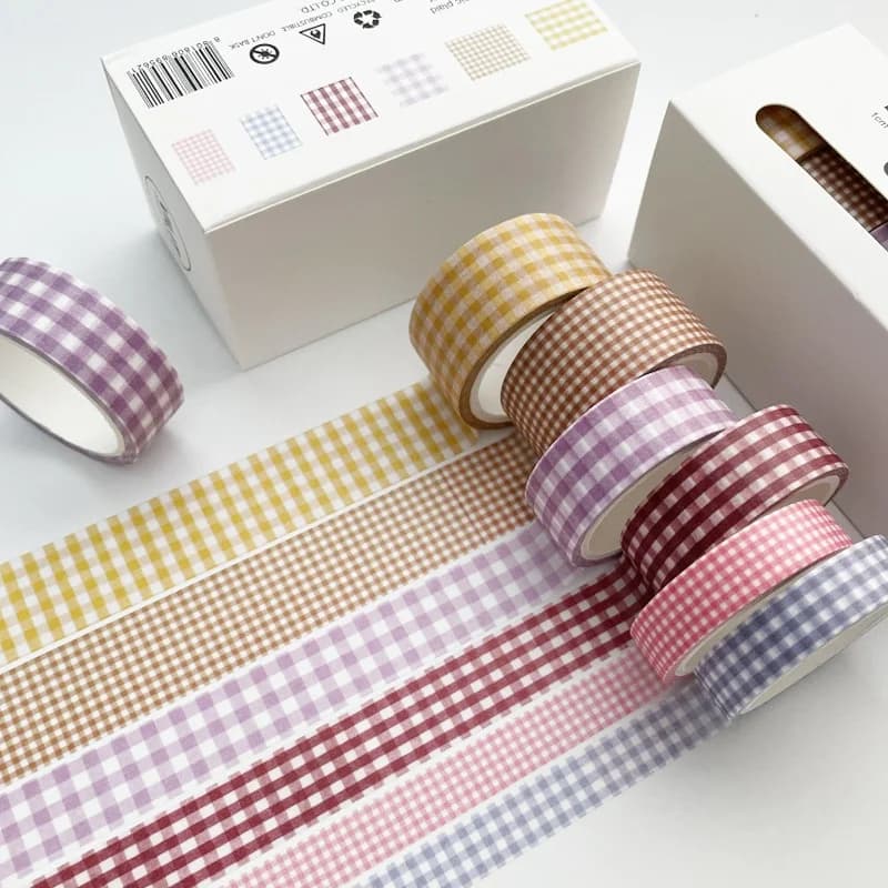 Lot de 6 rouleaux de ruban adhésif décoratif à motifs de grille pour magazine, décoration d'album DIY, papeterie et matériel artisanal
