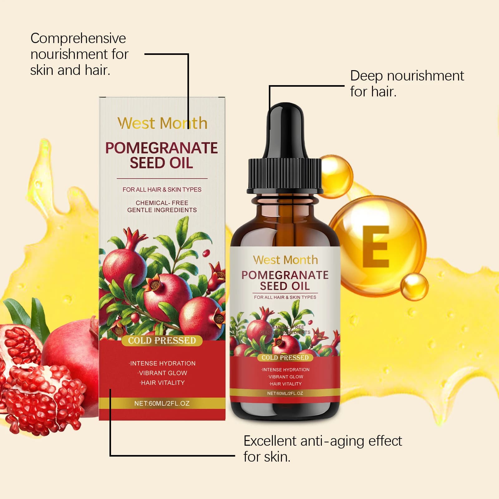 West Month – huile essentielle hydratante de graines de grenade, 60ml, soin doux et hydratant pour la peau du corps, pour une nutrition globale