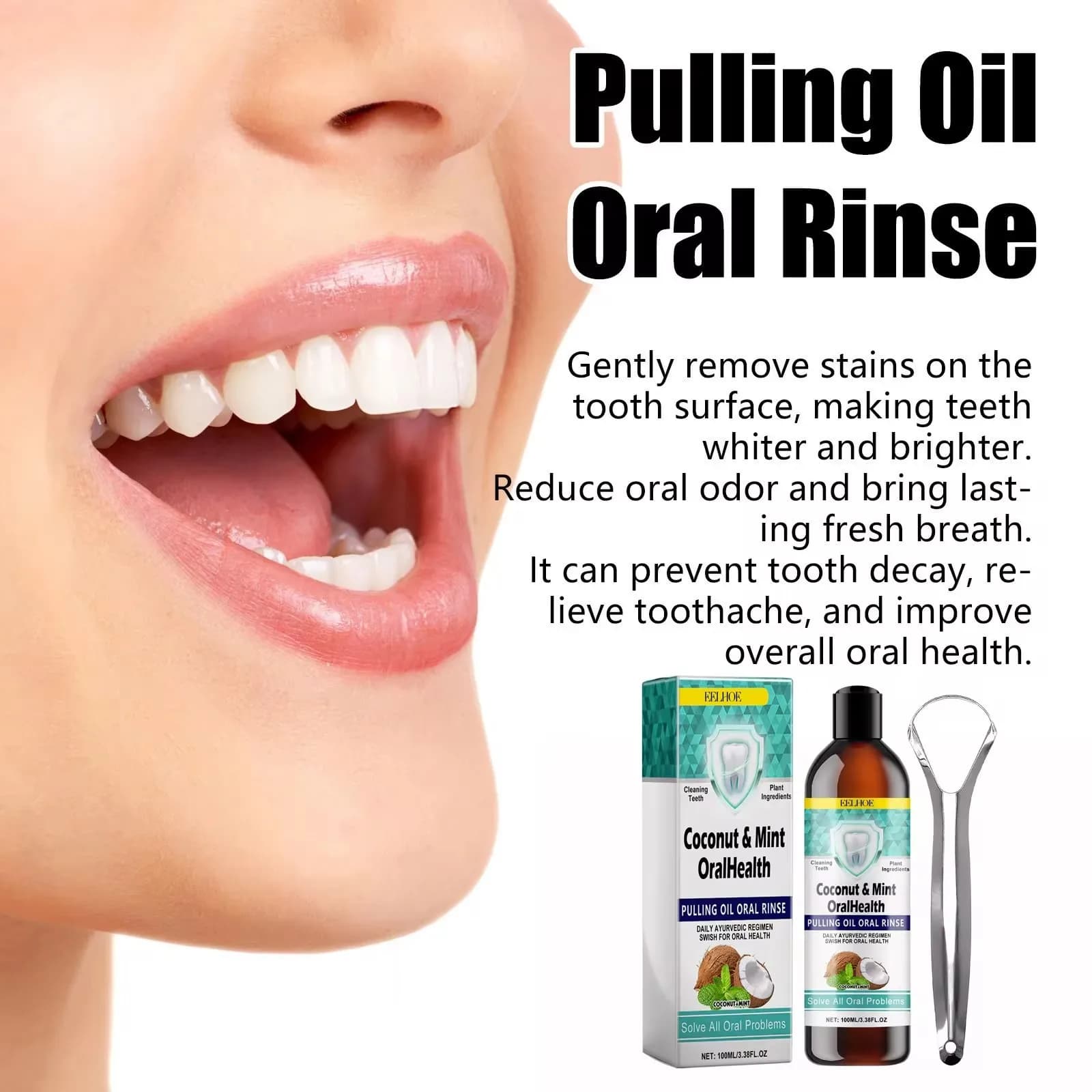 EELHOE – huile de noix de coco et menthe, rince-bouche, nettoyage des dents, dents blanches, sans alcool, haleine fraîche, produits de soins buccaux, grattoir à langue