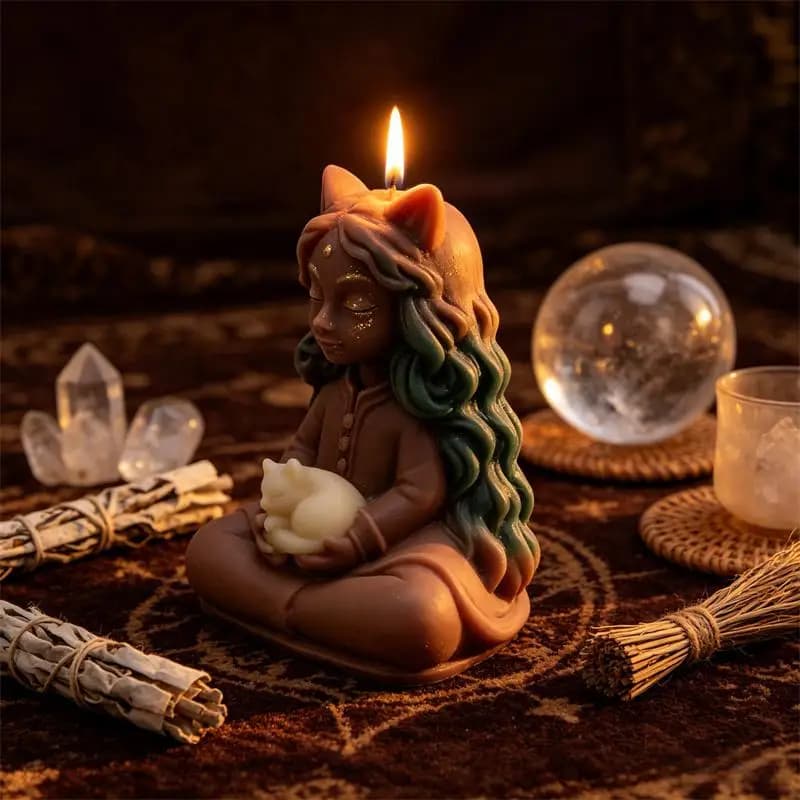 Moule en silicone 3D pour bougies et résine, motif Sorcière méditative avec chat, sculpture spirituelle de déesse sorcière féline, pour bougies de relaxation