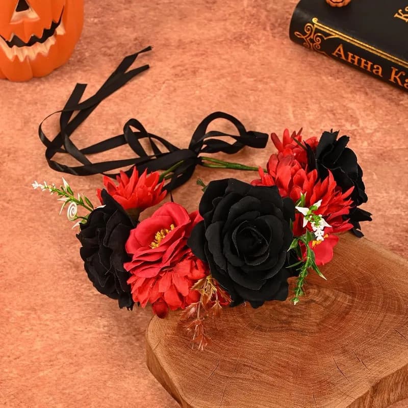 Bandeau à fleurs du jour des morts, couronne de fleurs de roses (rouge noir)