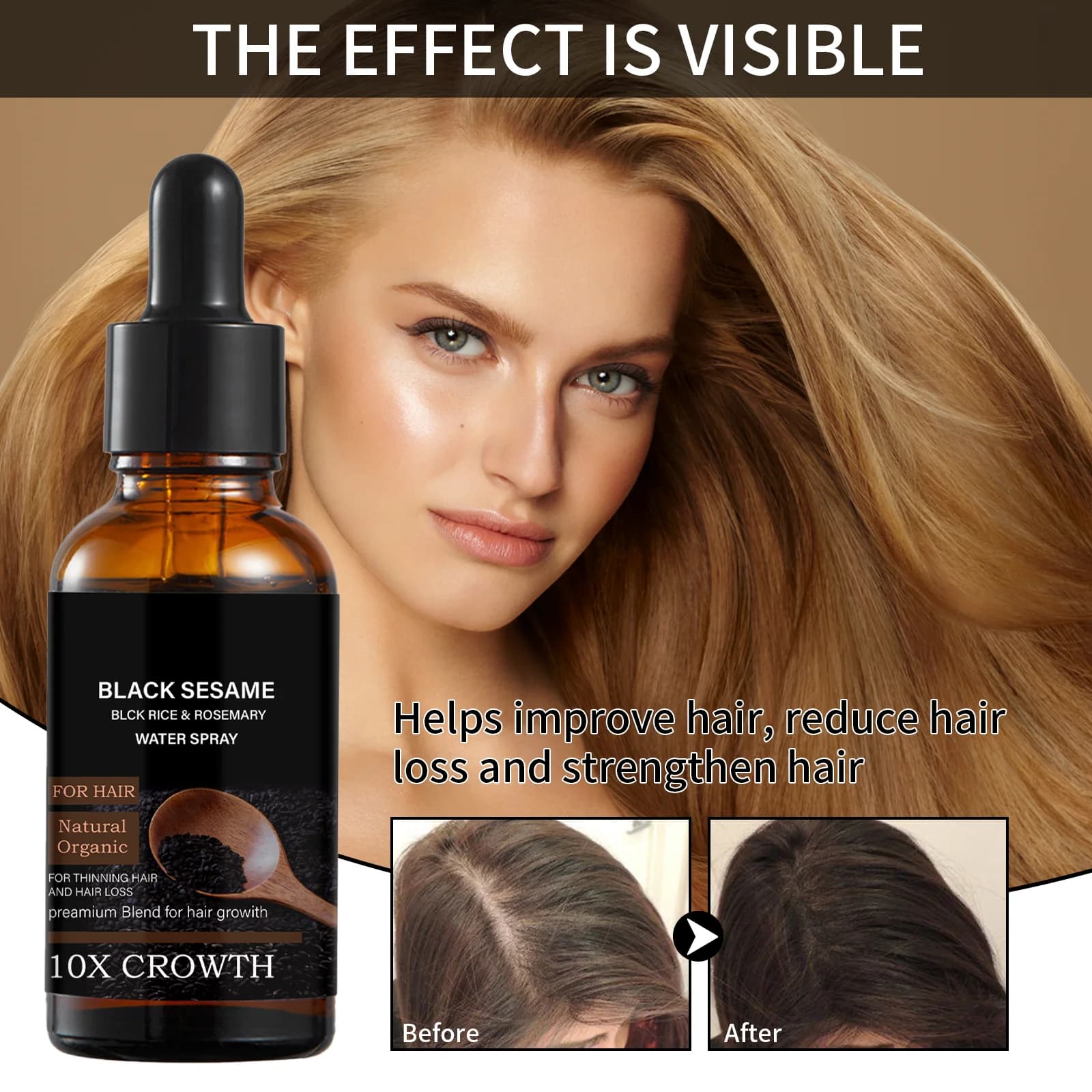 Sérum de croissance capillaire au sésame noir, avec extrait de caféine et de gingembre, huile naturelle nourrissante pour le cuir chevelu, pour amincir les cheveux, racines plus fortes, 30ml