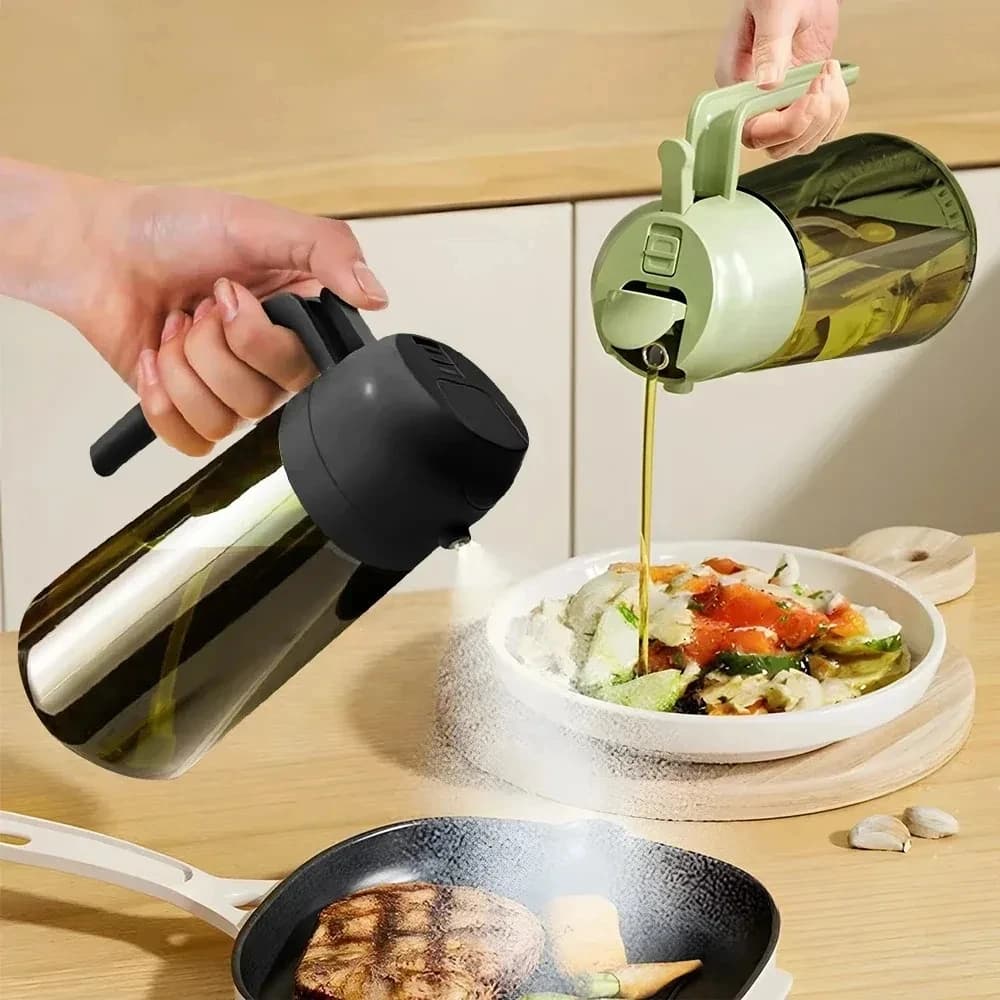 Bouteille distributrice d'huile d'olive 2 en 1 de 470ML, pulvérisateur d'huile foncée bloquant la lumière pour la cuisine, bouteille d'huile en verre vert foncé