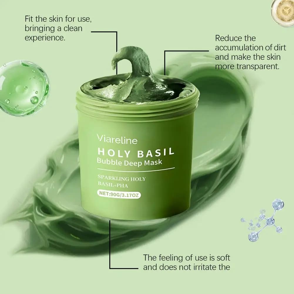 Masque facial à bulles de basilic sacré, nettoyage en profondeur et exfoliation, élimine les points noirs, resserre les pores, contrôle le sébum, soin hydratant pour la peau 90g