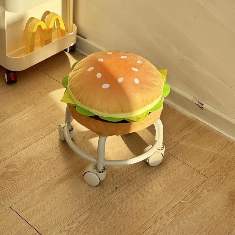 Tabouret roulant en forme de hamburger, chaise pivotante rembourrée et moelleuse avec roulettes, mobilier amusant pour enfants pour salon et chambre à coucher