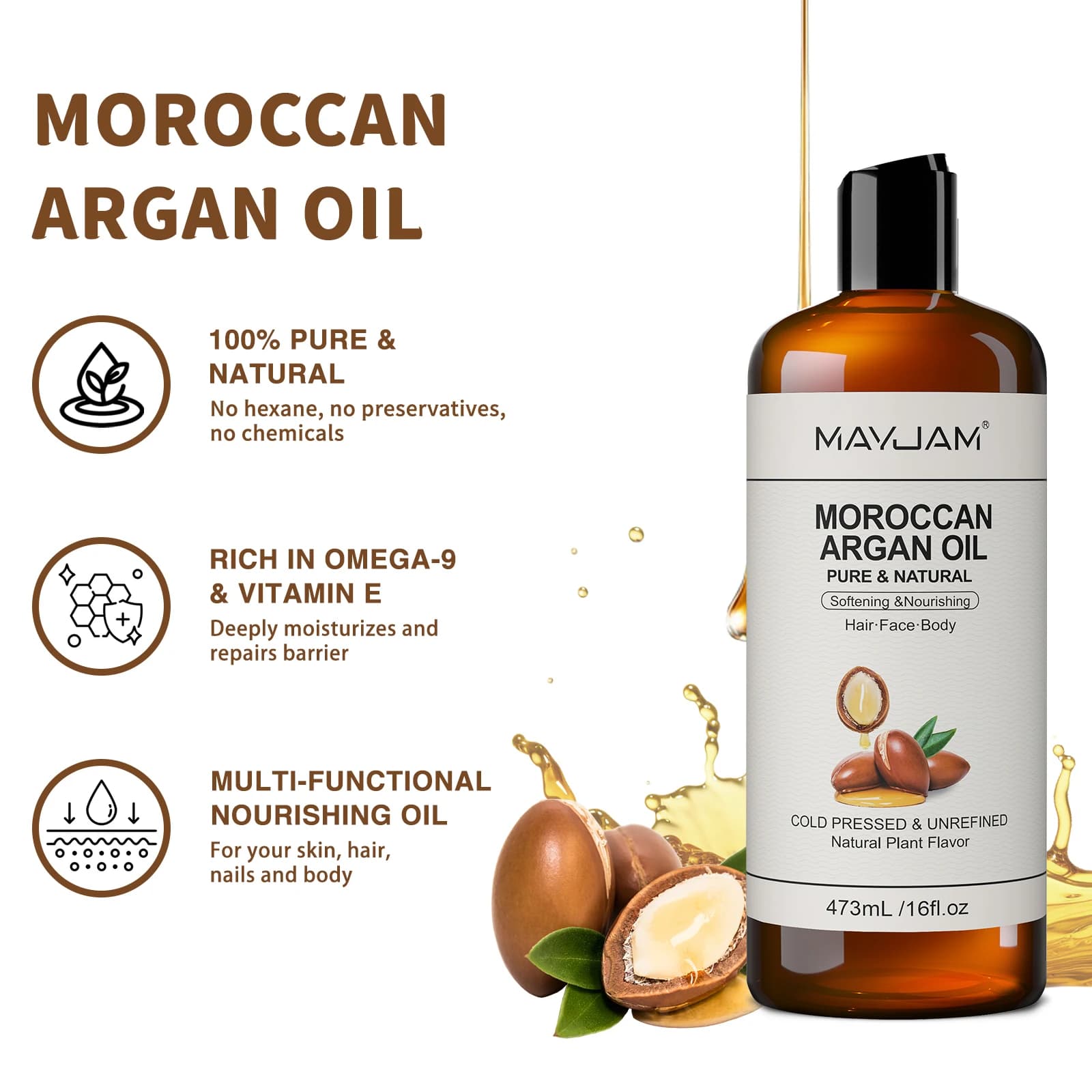 Huile d'Argan Marocaine Pure et Naturelle MAYJAM pour Massage du Visage, des Cheveux et du Corps, Huile d'Amande Douce Pressée à Froid Certifiée USDA 473ml Huile pour le Visage