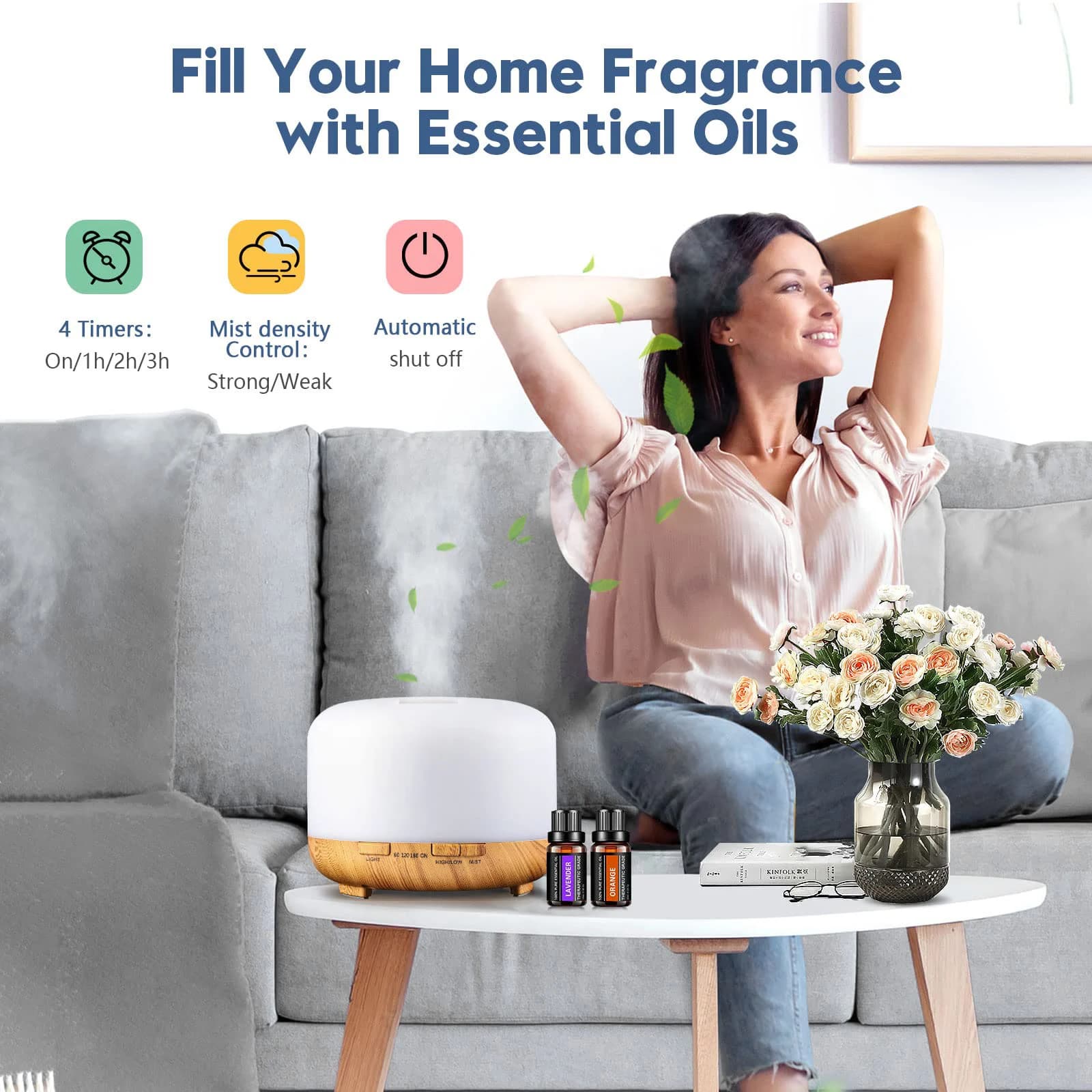 Diffuseur d'arôme 500ML (6 huiles en option), humidificateur diffuseur d'aromathérapie d'huile essentielle 5V 2A avec télécommande