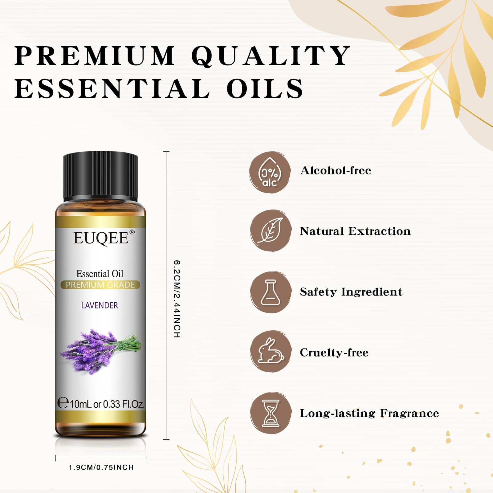 EUQEE 10ml Huile Essentielle Naturelle Pure Lavande Jasmin Eucalyptus Vanille Bois de Sandal Orange Citron Oregano Rose Bois de Cèdre Cannelle Citronelle Parfum