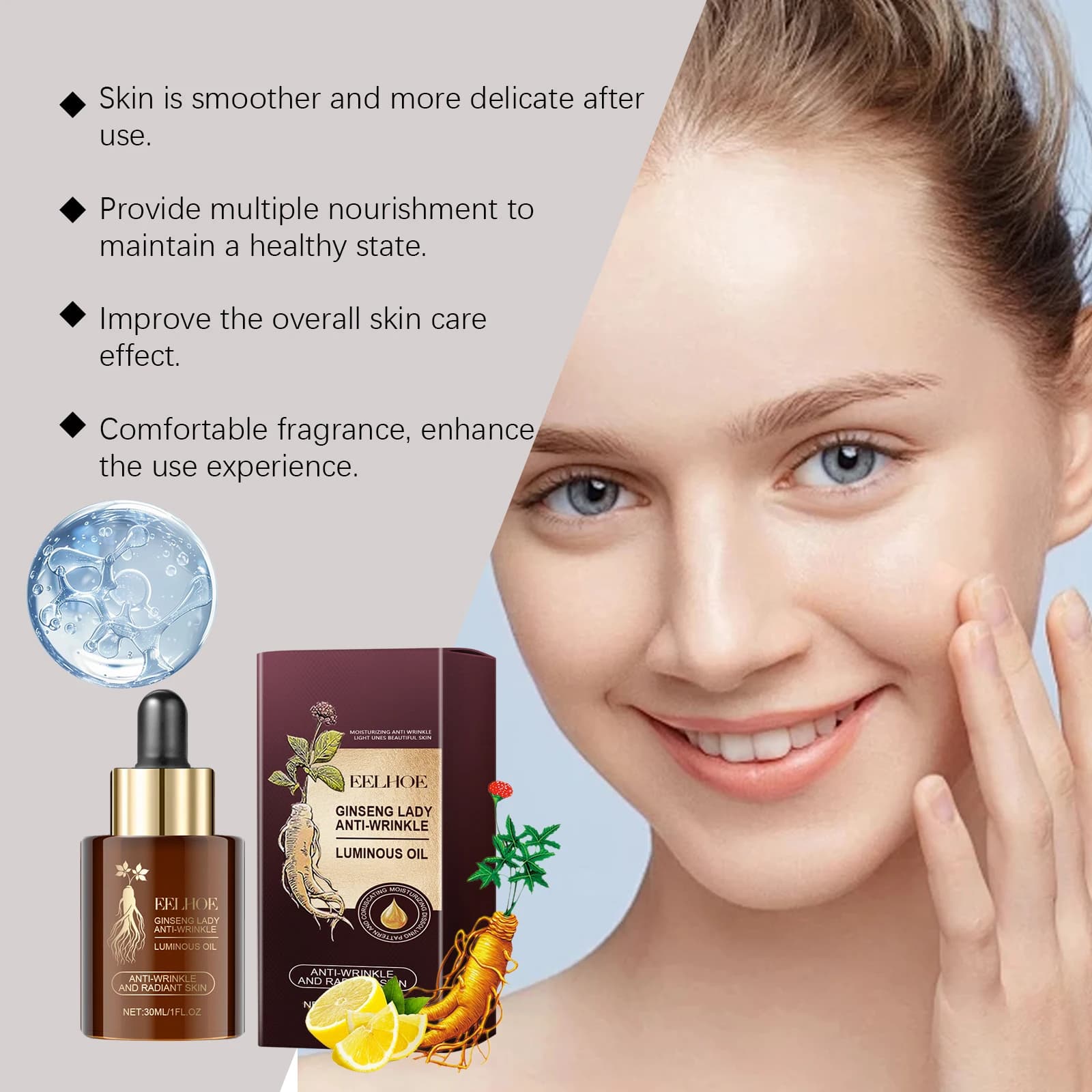Extrait de Ginseng huile essentielle pour le visage raffermissant estompe les ridules hydratant rajeunissement de la peau Essence nourrissante Non grasse pour le visage