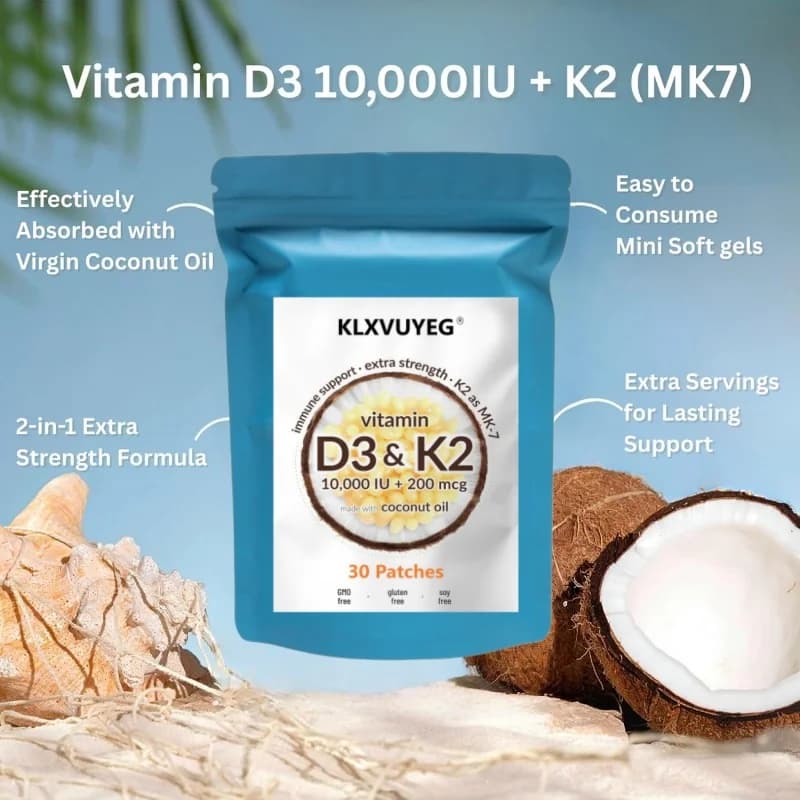  Vitamine D3 10000 UI Plus K2 | Complexe de vitamines D et K 2 en 1 | Soutient l'absorption du calcium, la santé des os, du système immunitaire et du cœur, 30 pièces