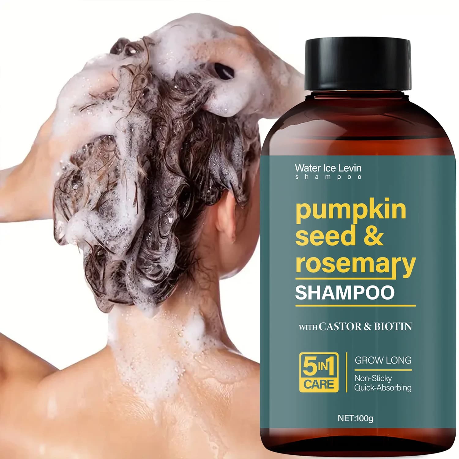 Shampoing à l‘Huile de Graines de Citrouille et Romarin 100g, Enrichi en Huile de Ricin et Biotine, Soin 5 en 1, Absorption Rapide, Prêt à Expédier