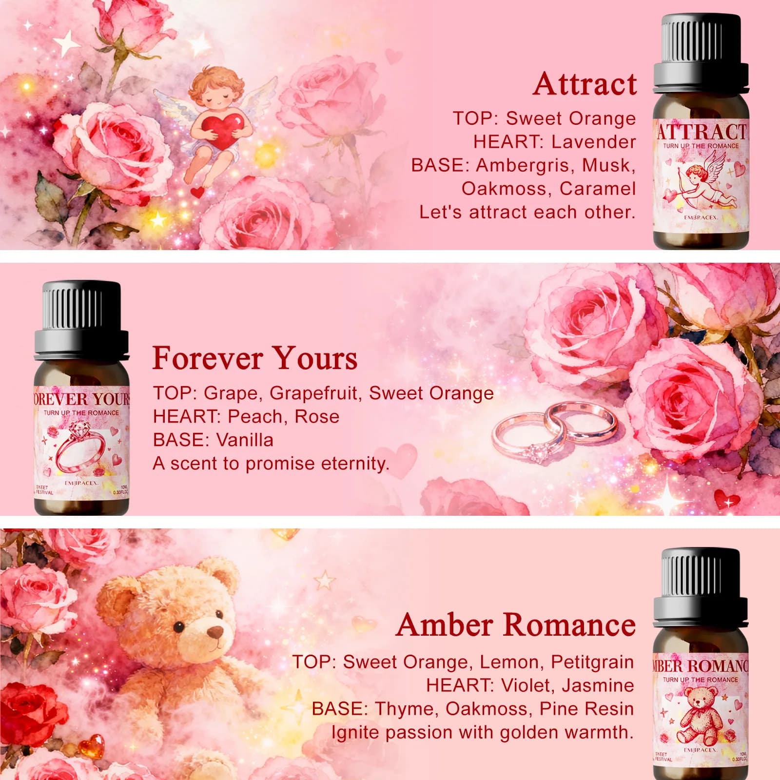Huile essentielle Amber Romance 10 ml, Huile d'aromathérapie Doux murmure de l'amoureux - Cadeau romantique de la Saint-Valentin pour elle/lui pour approfondir l'affection