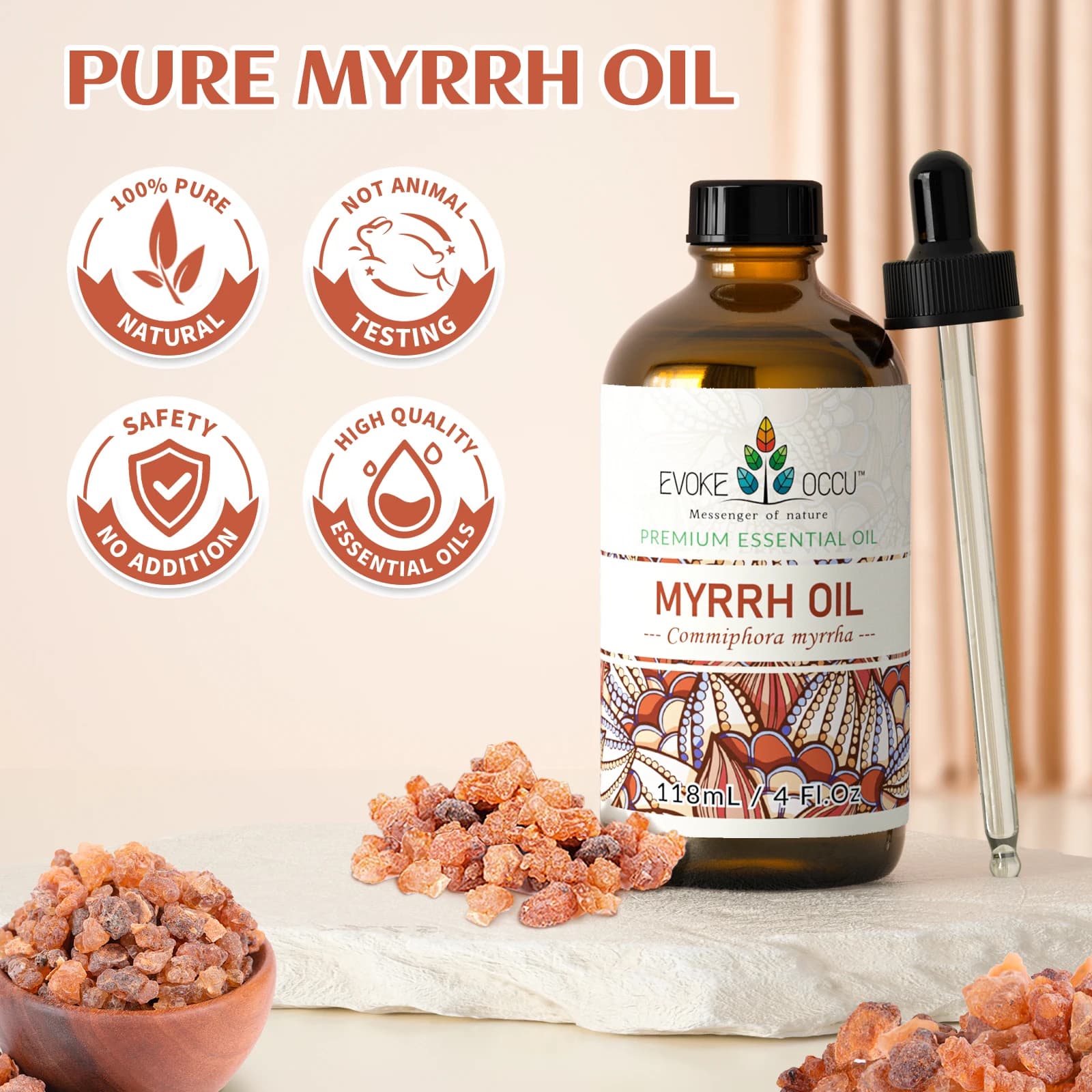 Huiles essentielles d'encens de Myrrhe EVOKE OCCU, 118 ml/4 fl.oz. Huile de Myrrhe Pure pour le Soulagement Corporel, Soin de la Peau, Humidificateur, Massage, Fabrication de Bougies et de Savons