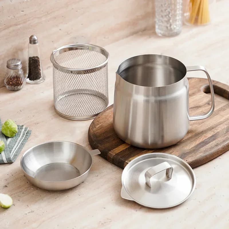 Pot de stockage d'huile et de graisse en acier inoxydable 2/1,5 L avec panier de friture et passoire à mailles fines pour la cuisine