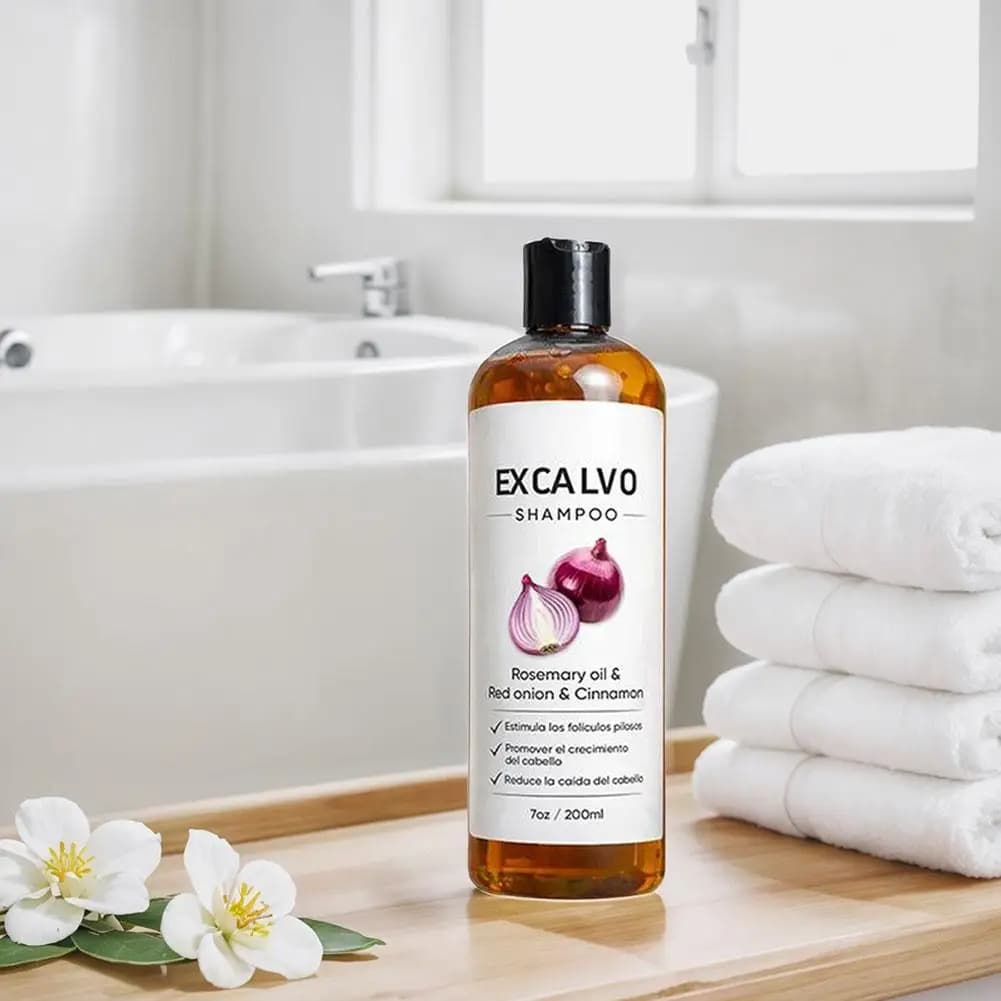 EXCALVO Shampooing Oignon & Romarin 200ml - Avec Cannelle, Réduit la Chute des Cheveux, Stimule les Follicules, Épaissit et Renforce les Cheveux