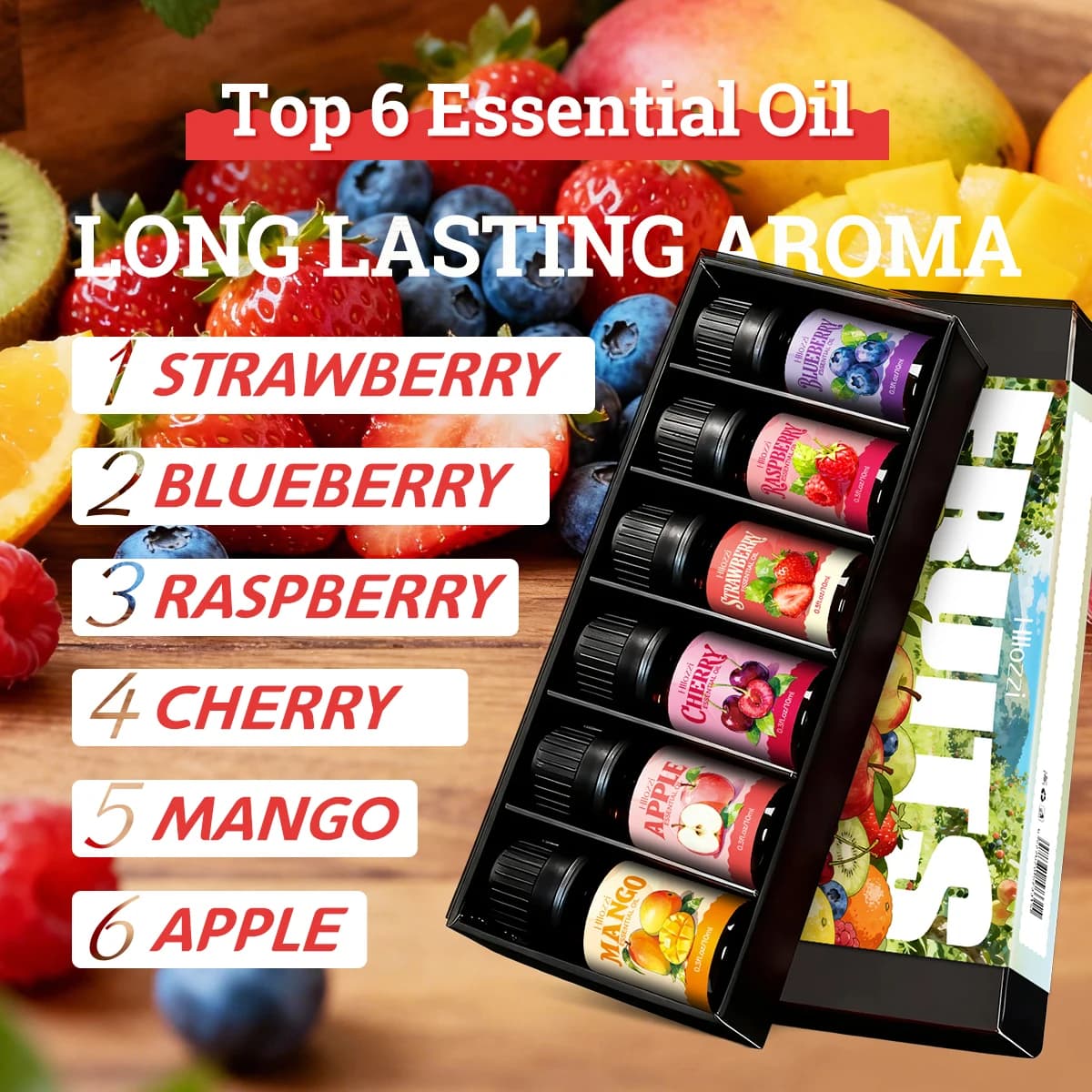 Ensemble d'huiles essentielles aux fruits, avec une variété de parfums de fruits colorés, adapté à toutes les occasions et également un excellent cadeau.