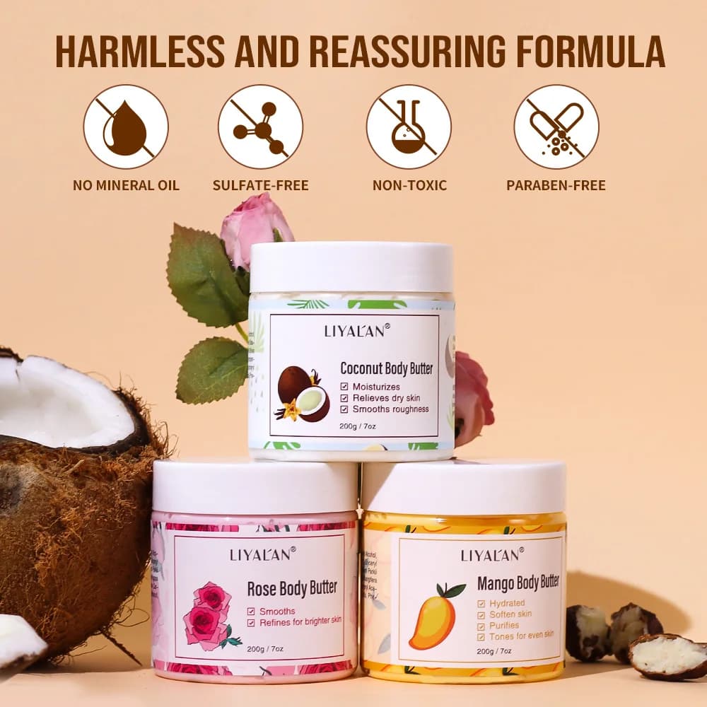 Beurre de karité apaisant la peau sèche nourrir hydratant lisse rugueux crème d'hydratation profonde noix de coco Rose mangue soin de la peau Lotion pour le corps